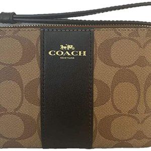 Coach Signature PVC Leather Corner Zip Wristlet F58035 - Khaki/Black, Small